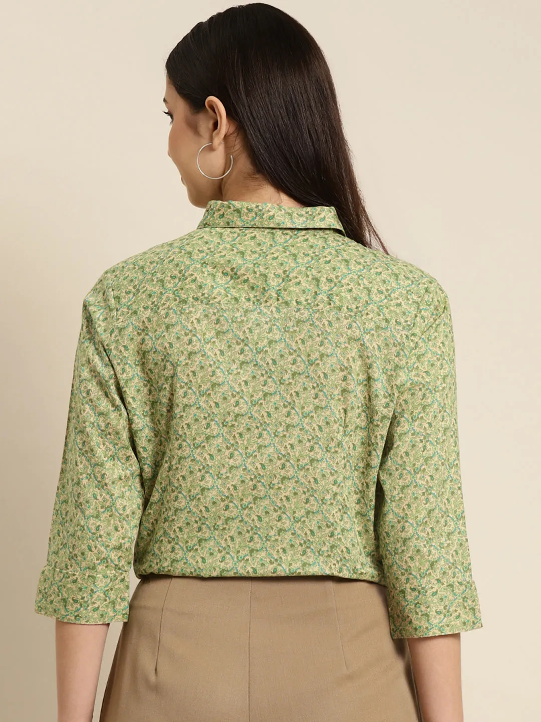 Women Beige & Green Printed Pure Cotton Regular Fit Formal Shirt