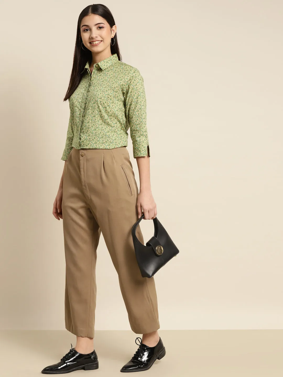 Women Beige & Green Printed Pure Cotton Regular Fit Formal Shirt