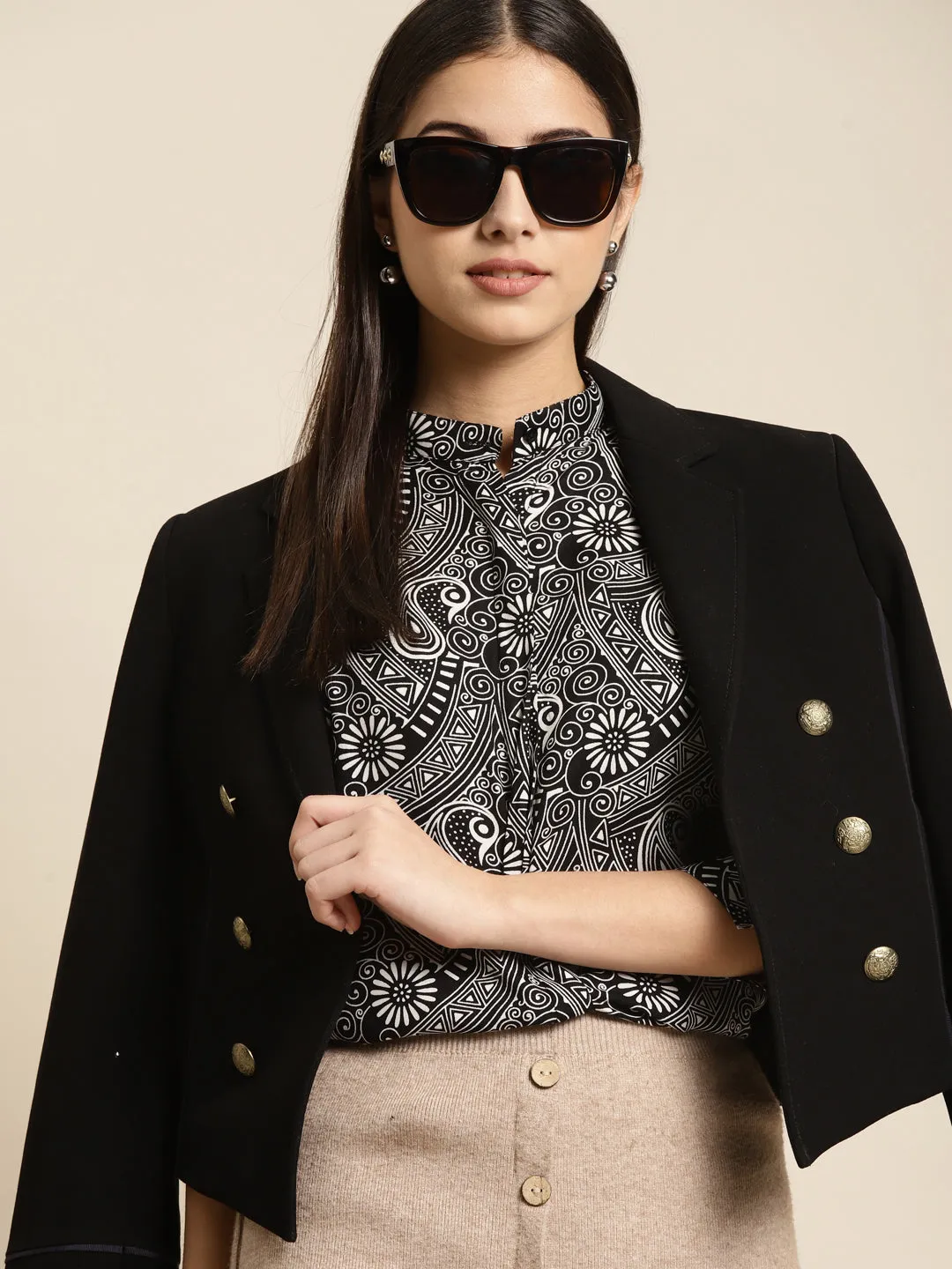 Women Black Printed Viscose Rayon Regular Fit Formal Shirt