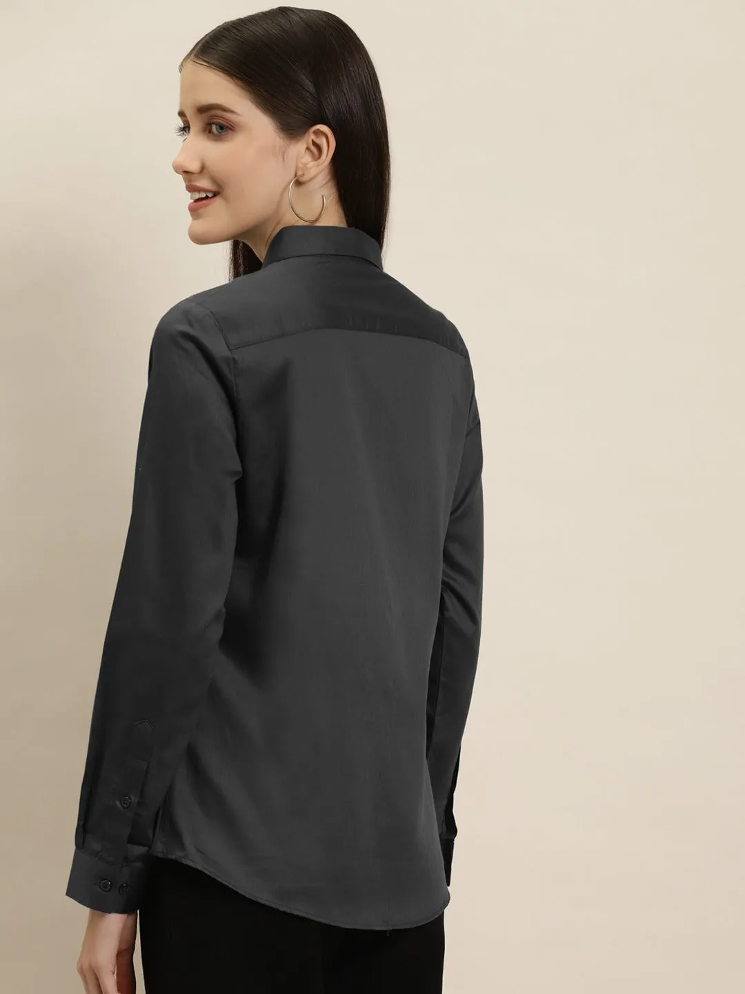 Women Dark Grey Solid Pure Cotton Satin Slim Fit Formal Shirt