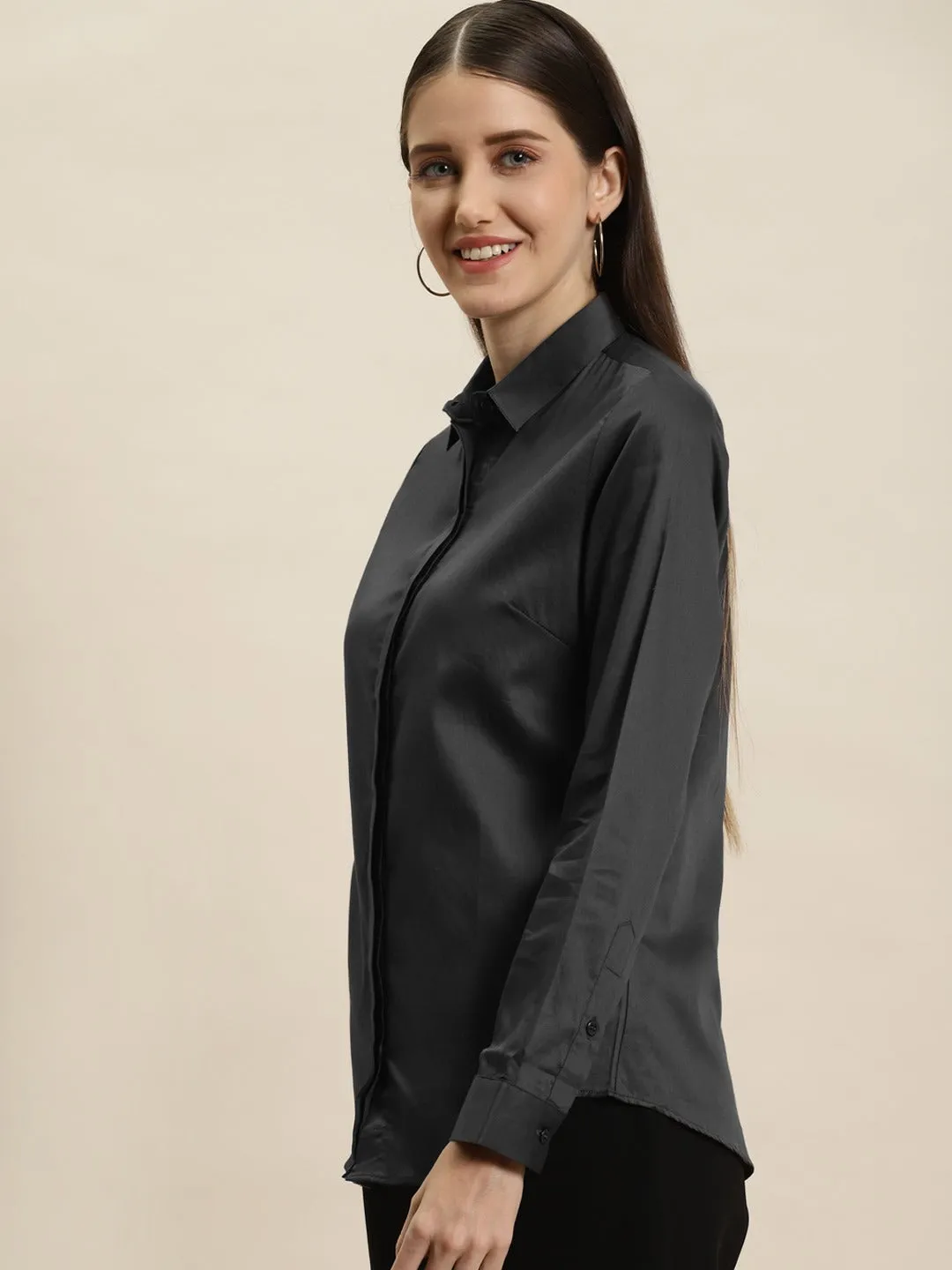 Women Dark Grey Solid Pure Cotton Satin Slim Fit Formal Shirt
