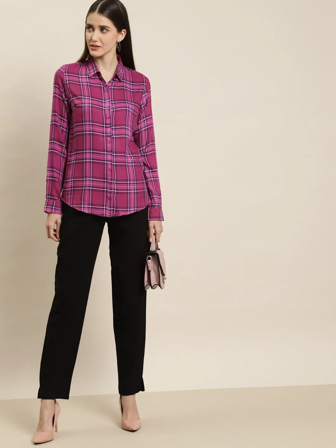 Women Magenta Checks Viscose Rayon Slim Fit Formal Shirt