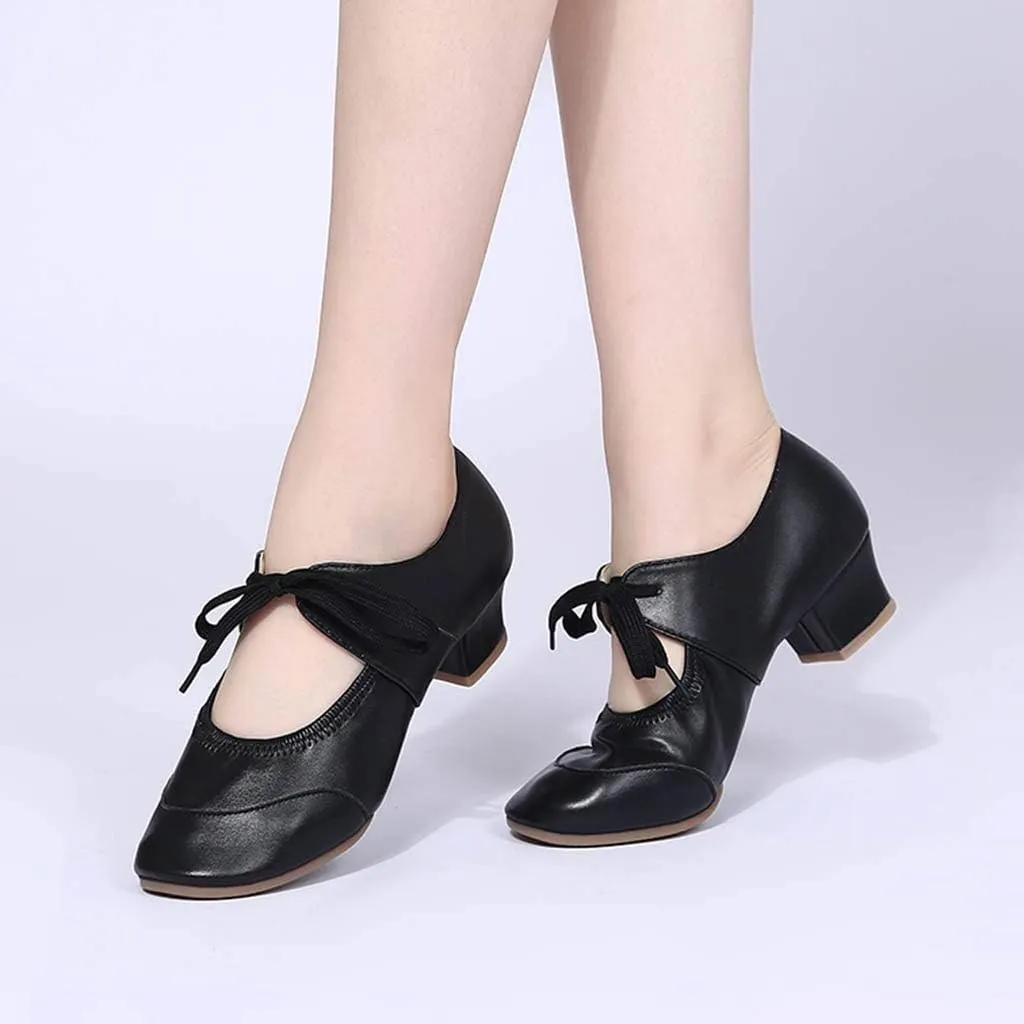 Women's Leather Tap Shoe Latin Dancing Shoes Mid Heel Character Ballroom Wedding Ballet Dance Shoe for Women
