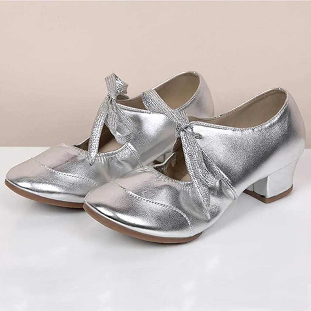 Women's Leather Tap Shoe Latin Dancing Shoes Mid Heel Character Ballroom Wedding Ballet Dance Shoe for Women