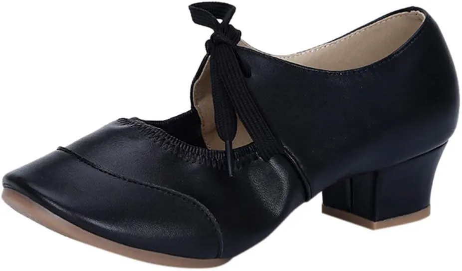 Women's Leather Tap Shoe Latin Dancing Shoes Mid Heel Character Ballroom Wedding Ballet Dance Shoe for Women