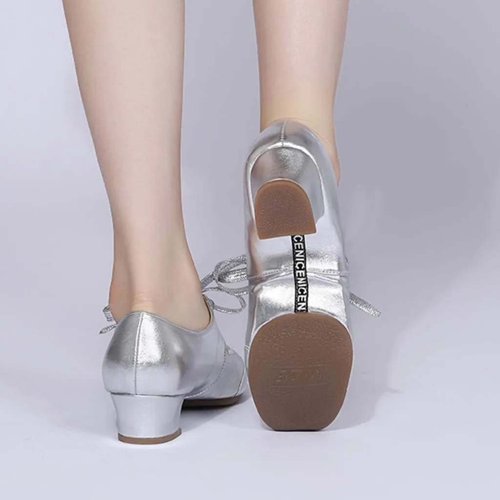 Women's Leather Tap Shoe Latin Dancing Shoes Mid Heel Character Ballroom Wedding Ballet Dance Shoe for Women