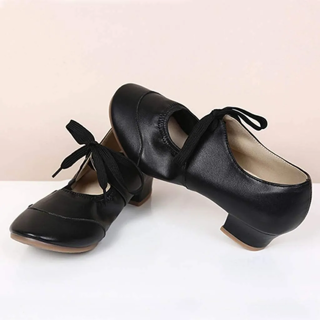 Women's Leather Tap Shoe Latin Dancing Shoes Mid Heel Character Ballroom Wedding Ballet Dance Shoe for Women