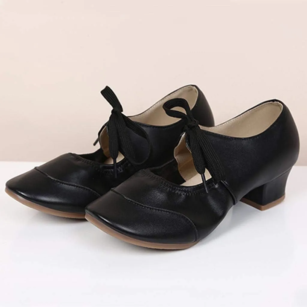 Women's Leather Tap Shoe Latin Dancing Shoes Mid Heel Character Ballroom Wedding Ballet Dance Shoe for Women