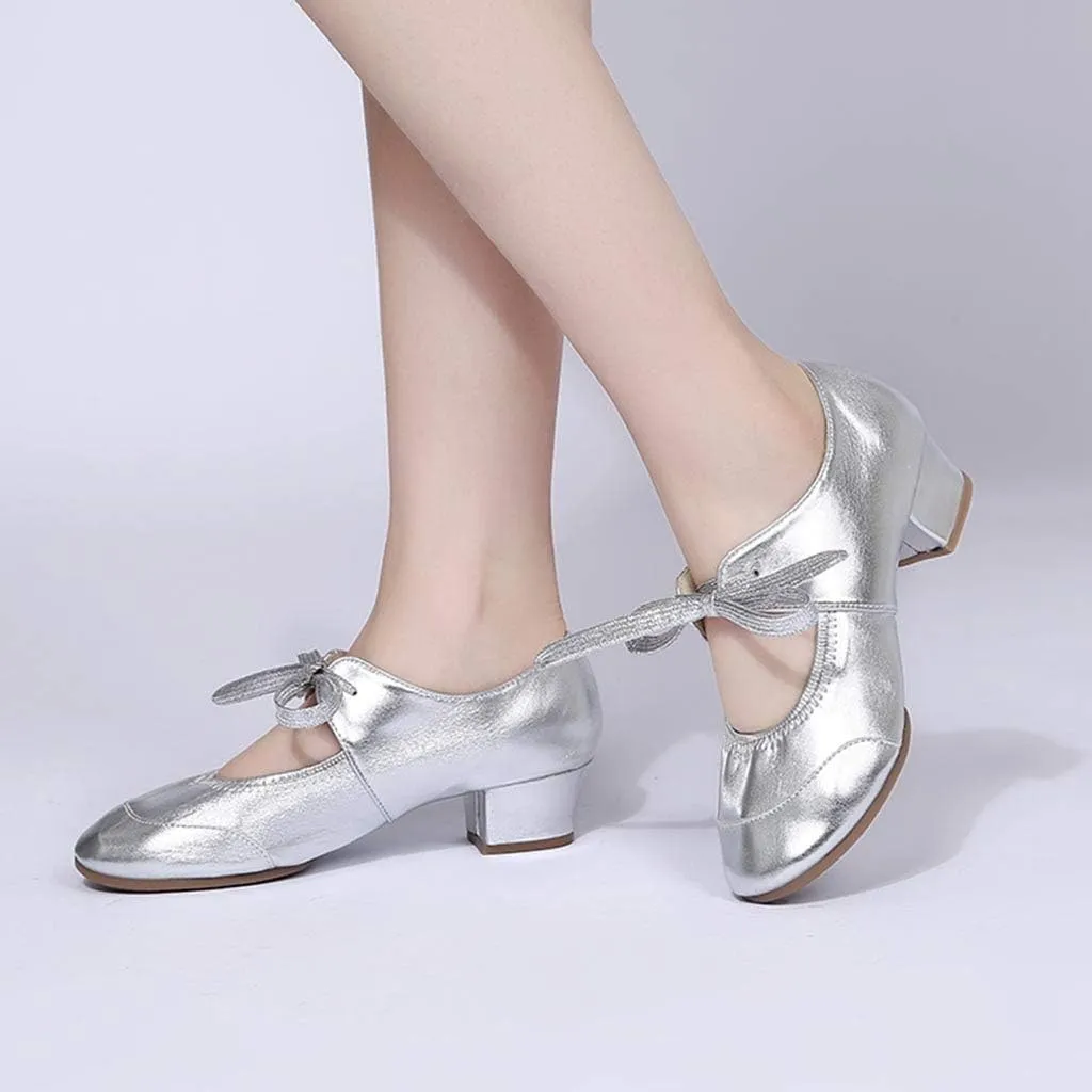 Women's Leather Tap Shoe Latin Dancing Shoes Mid Heel Character Ballroom Wedding Ballet Dance Shoe for Women
