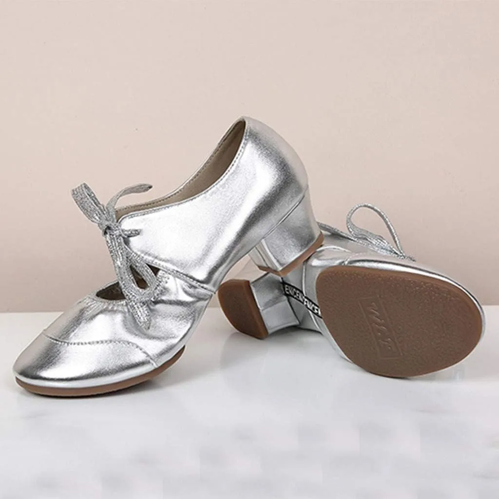 Women's Leather Tap Shoe Latin Dancing Shoes Mid Heel Character Ballroom Wedding Ballet Dance Shoe for Women