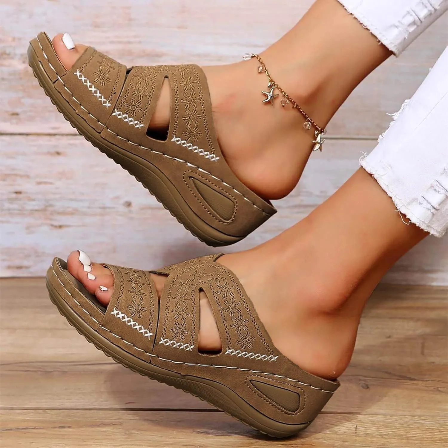 ZSpzx Orthopedic Sandals For Women 2025,Hollow Out Wedge Sandals Dressy Summer Comfortable Open Toe Slippers Flat Casual Boho Slip on Beach Outdoor Walking Shoes Sandalias OrtopDicas Para Mujer