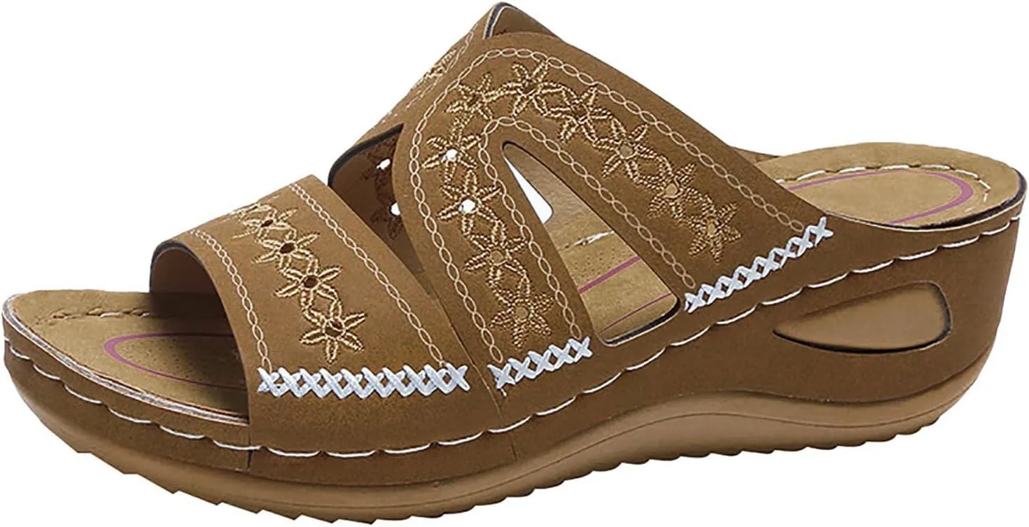 ZSpzx Orthopedic Sandals For Women 2025,Hollow Out Wedge Sandals Dressy Summer Comfortable Open Toe Slippers Flat Casual Boho Slip on Beach Outdoor Walking Shoes Sandalias OrtopDicas Para Mujer