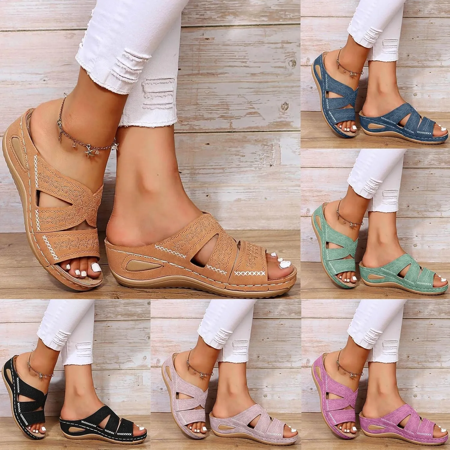 ZSpzx Orthopedic Sandals For Women 2025,Hollow Out Wedge Sandals Dressy Summer Comfortable Open Toe Slippers Flat Casual Boho Slip on Beach Outdoor Walking Shoes Sandalias OrtopDicas Para Mujer