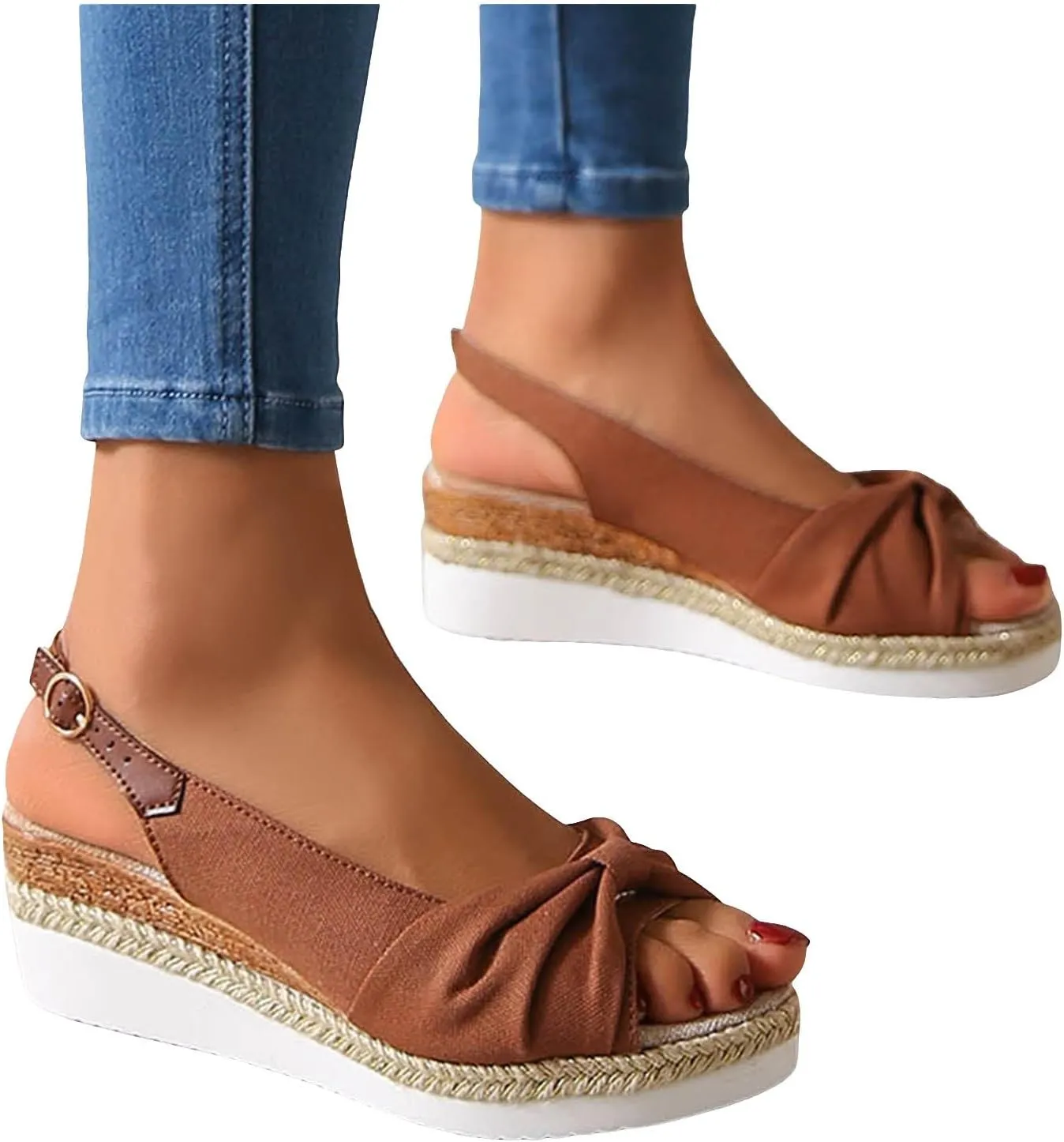 ZSpzx Orthopedic Sandals for Women,Espadrille 2025 Dressy Summer Platform Womens Wedge Sandals Dressy Summer Bow Open Toe Ankle Strap Beach Casual Slip on Slippers Comfortable Walking Outdoor Shoes