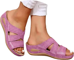 ZSpzx Orthopedic Wedge Sandals for Women 2025 Open Toe Platform Dressy Summer Foot Arch Supports Hollow Out Casual Boho Slip on Beach Dress Comfortable Outdoor Shoes for Daily Wear