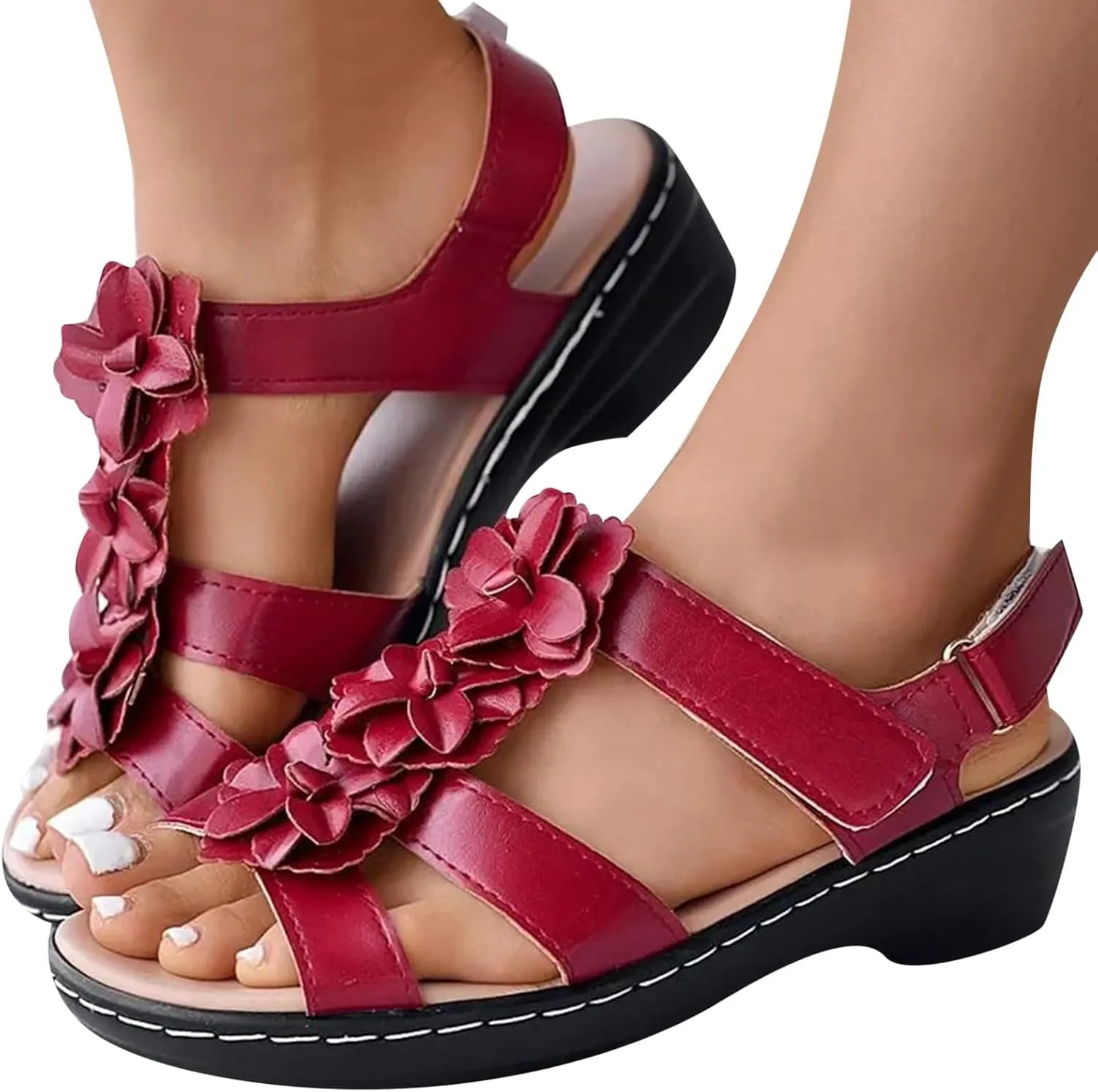 ZSpzx Summer Sandals For Women 2025,Women's Orthopedic Dressy Mid Heels Ankle Straps Open Toe Hollow Out Flowers Comfortable Sandal with Arch Support Low Heel Adjustable Walking Shoes for Daily Wear