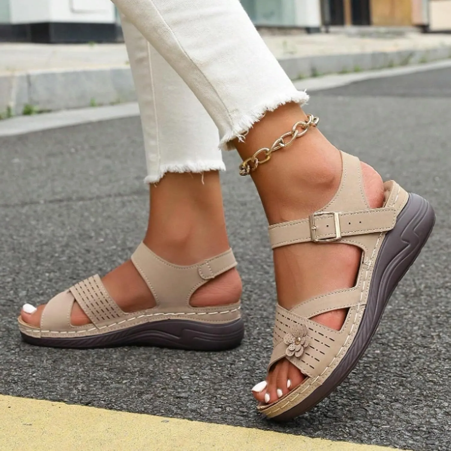 ZSpzx Wedge Sandals For Women Arch Support Walking Shoes Dress Flowers Bohe Ankle Sandal Orthopedic Comfortable Platform Summer Dressy Casual Bunion Orthotic Open Toe Beach Slip On Slides Slippers