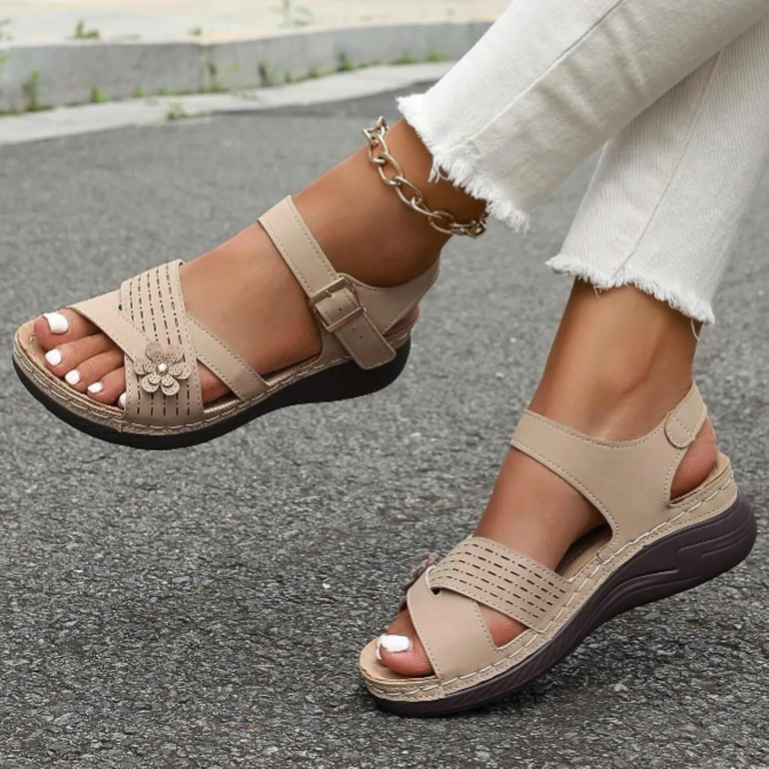 ZSpzx Wedge Sandals For Women Arch Support Walking Shoes Dress Flowers Bohe Ankle Sandal Orthopedic Comfortable Platform Summer Dressy Casual Bunion Orthotic Open Toe Beach Slip On Slides Slippers