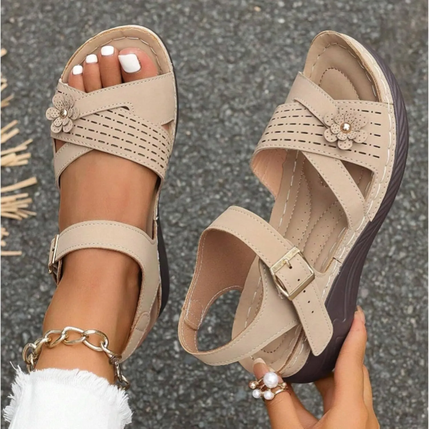 ZSpzx Wedge Sandals For Women Arch Support Walking Shoes Dress Flowers Bohe Ankle Sandal Orthopedic Comfortable Platform Summer Dressy Casual Bunion Orthotic Open Toe Beach Slip On Slides Slippers