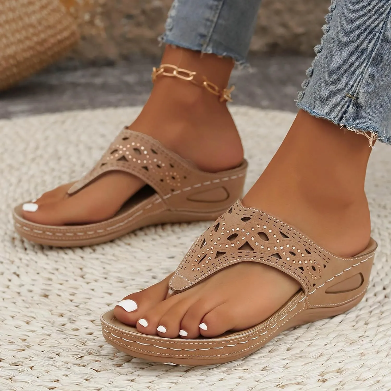 ZSpzx Women Platform Slides,Summer Fashion Slip-On Beach Vacation Wedge Heel Shoe Comfortable Arch Support Orthopedic Sandals Breathable Ladies Dress Flip Flops Indoor Outdoor Non-Slip Walking Slides