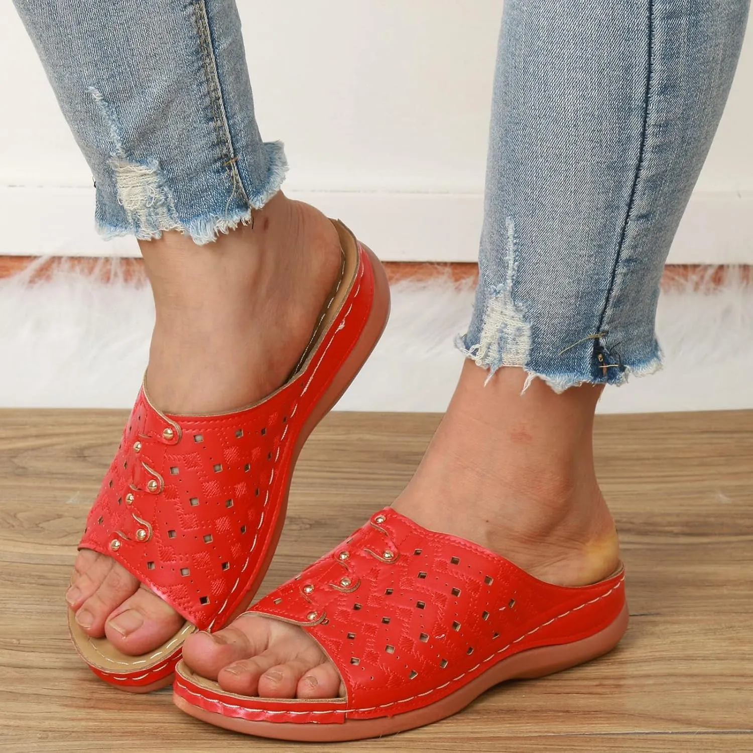 ZSpzx Women Wedge Sandals 2025,Arch Support Daily Wear Indoor/Outdoor Orthopedic Slides Comfortable Peep Toe Ladies Dress Walking Footwear Summer Breathable Soft Cushion Slip-On Casual Shoe