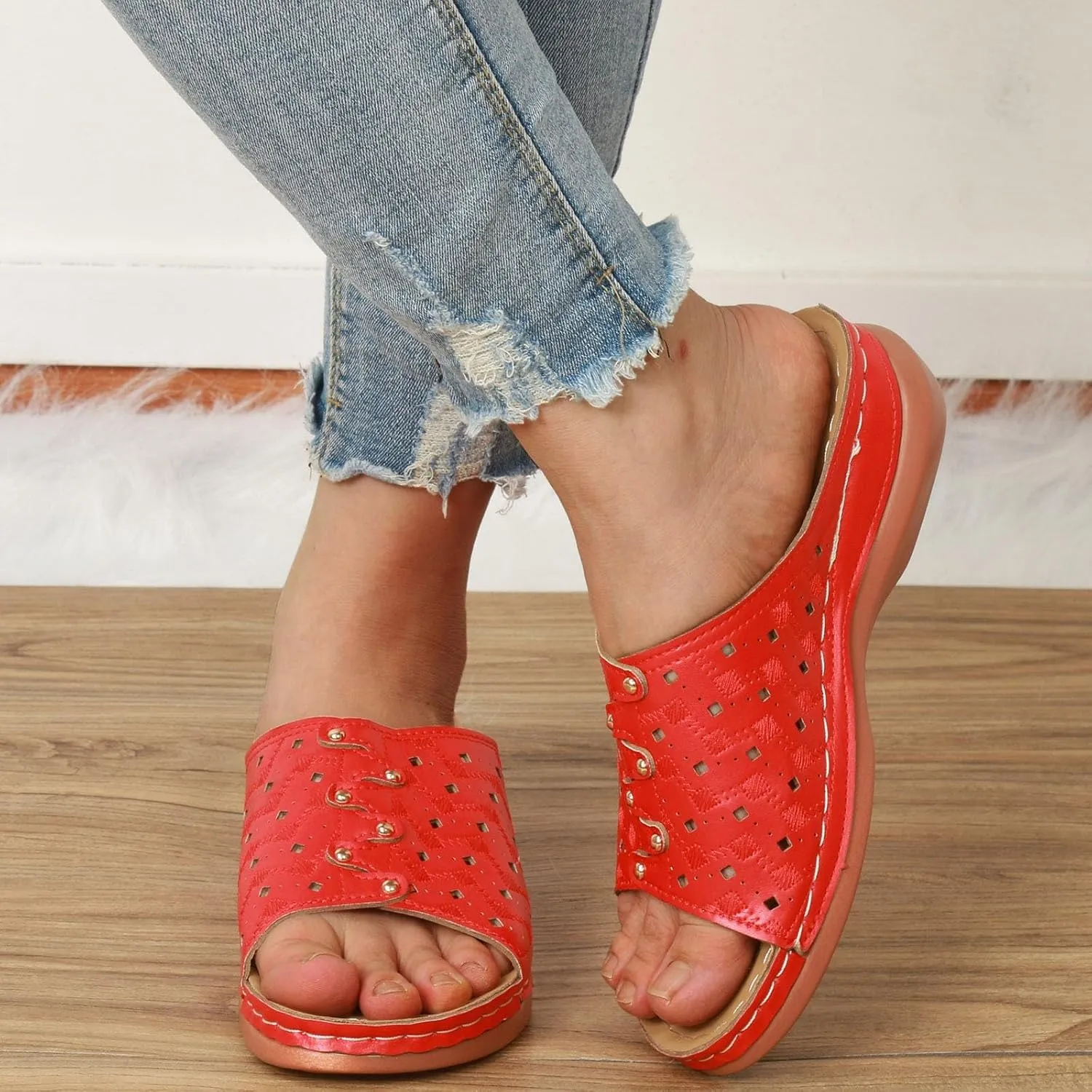 ZSpzx Women Wedge Sandals 2025,Arch Support Daily Wear Indoor/Outdoor Orthopedic Slides Comfortable Peep Toe Ladies Dress Walking Footwear Summer Breathable Soft Cushion Slip-On Casual Shoe