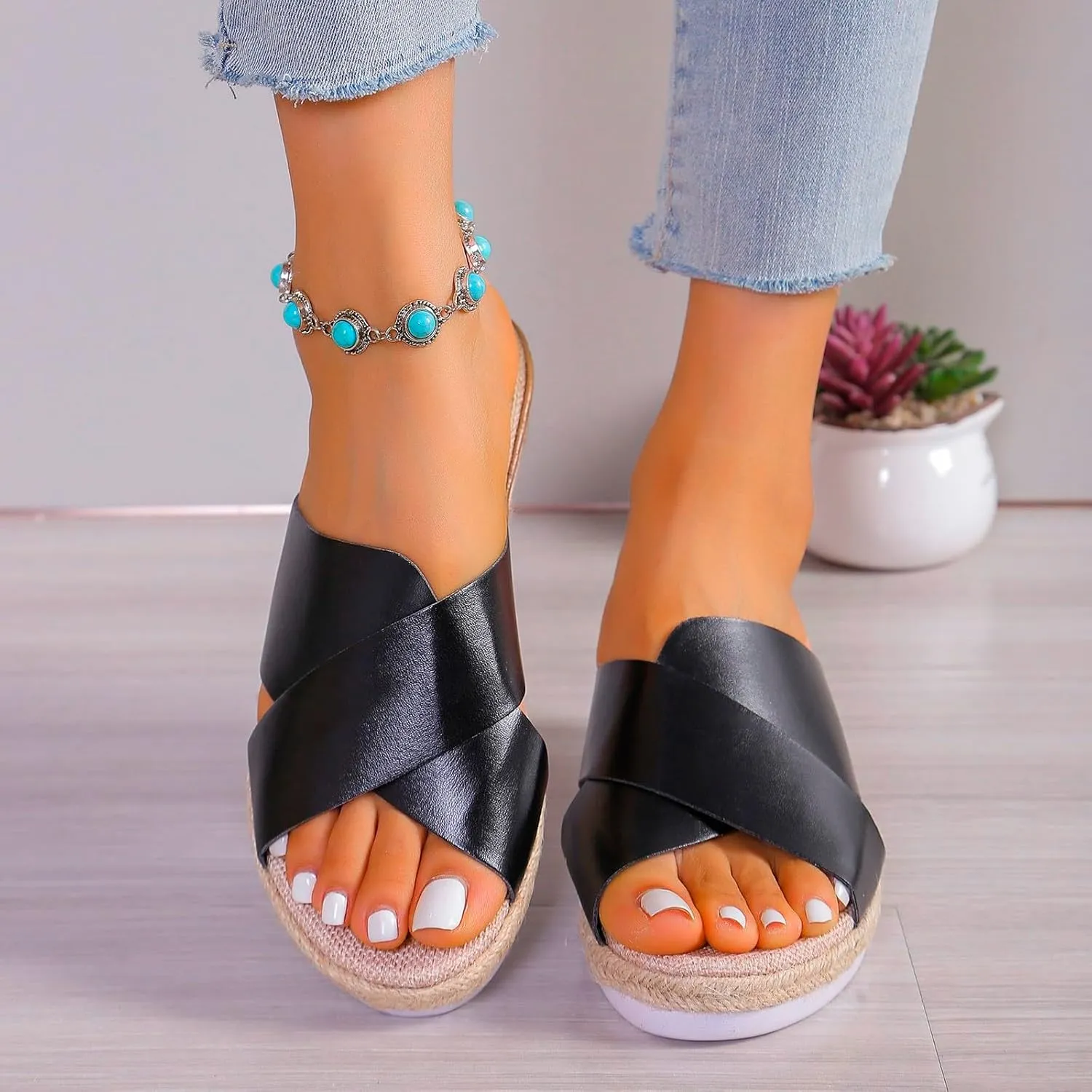 ZSpzx Women Wedge Sandals 2025,Summer Slip-On Beach Vacation Soft Cushion Slides Arch Support Orthopedic Slippers Indoor/Outdoor Lady Dressy Dance Party Walking Footwear Daily Wear