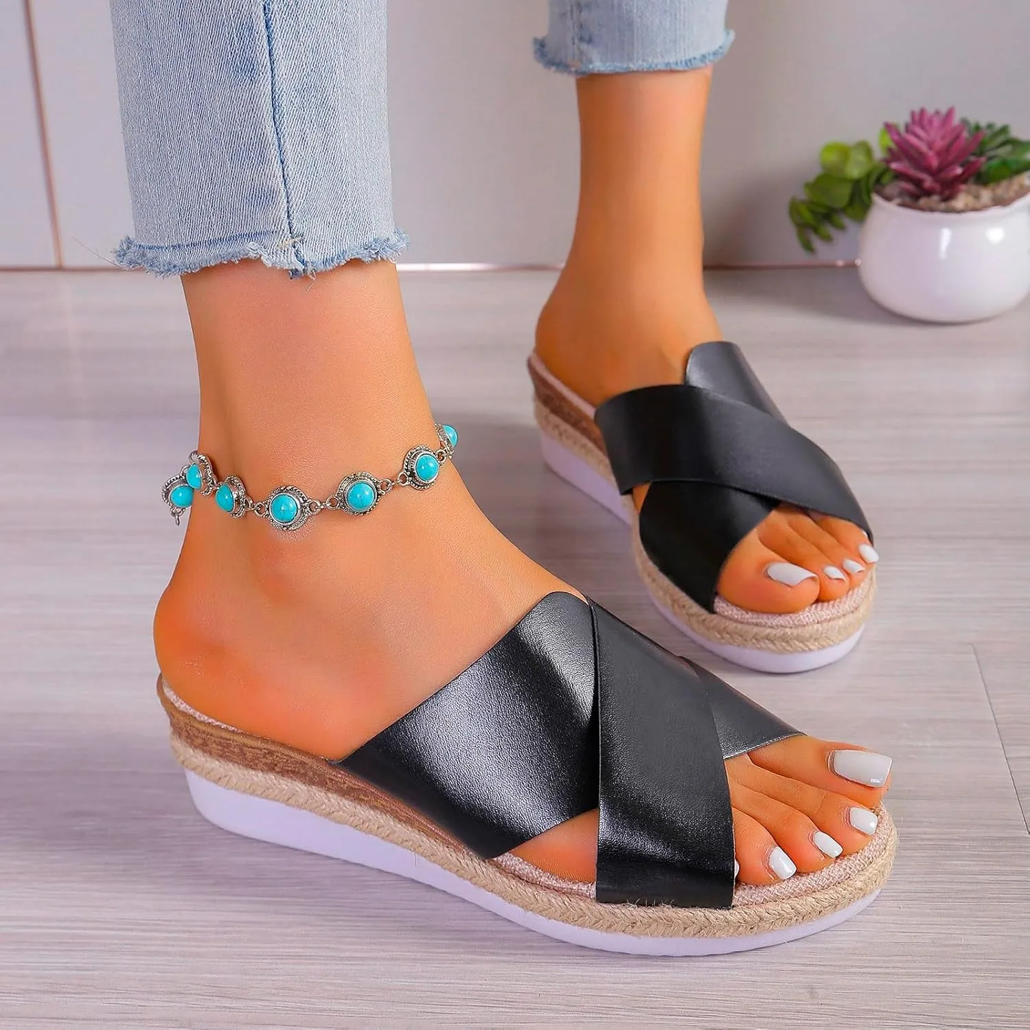 ZSpzx Women Wedge Sandals 2025,Summer Slip-On Beach Vacation Soft Cushion Slides Arch Support Orthopedic Slippers Indoor/Outdoor Lady Dressy Dance Party Walking Footwear Daily Wear