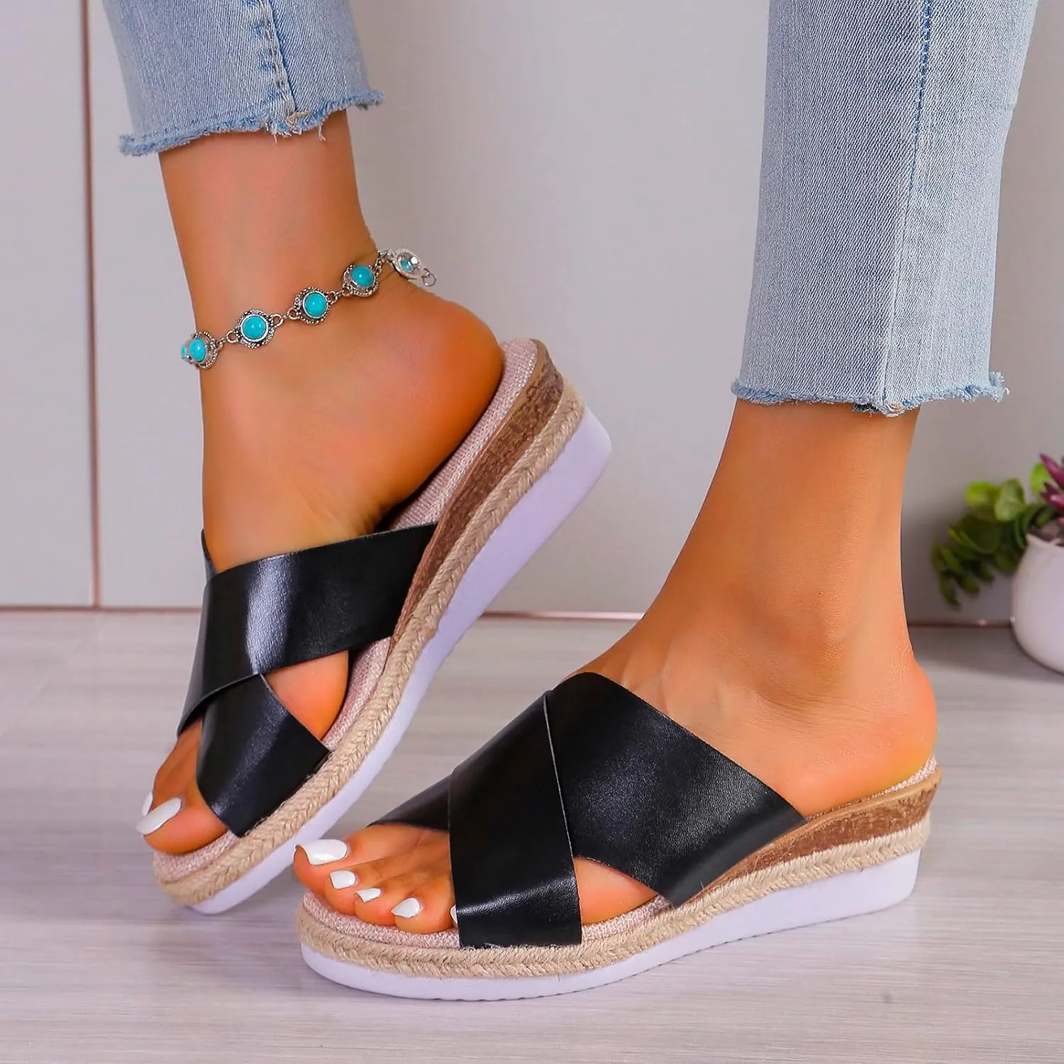 ZSpzx Women Wedge Sandals 2025,Summer Slip-On Beach Vacation Soft Cushion Slides Arch Support Orthopedic Slippers Indoor/Outdoor Lady Dressy Dance Party Walking Footwear Daily Wear