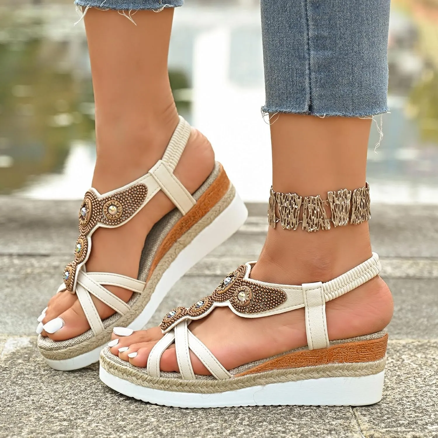 ZSpzx Women's Wedge Heel Sandals Fashion Boho Roman Retro Non-Slip Walking Footwear Comfortable Ladies Dress Beach Vacation Slippers Breathable Indoor/Outdoor Peep Toe Slip-On Casual Shoe