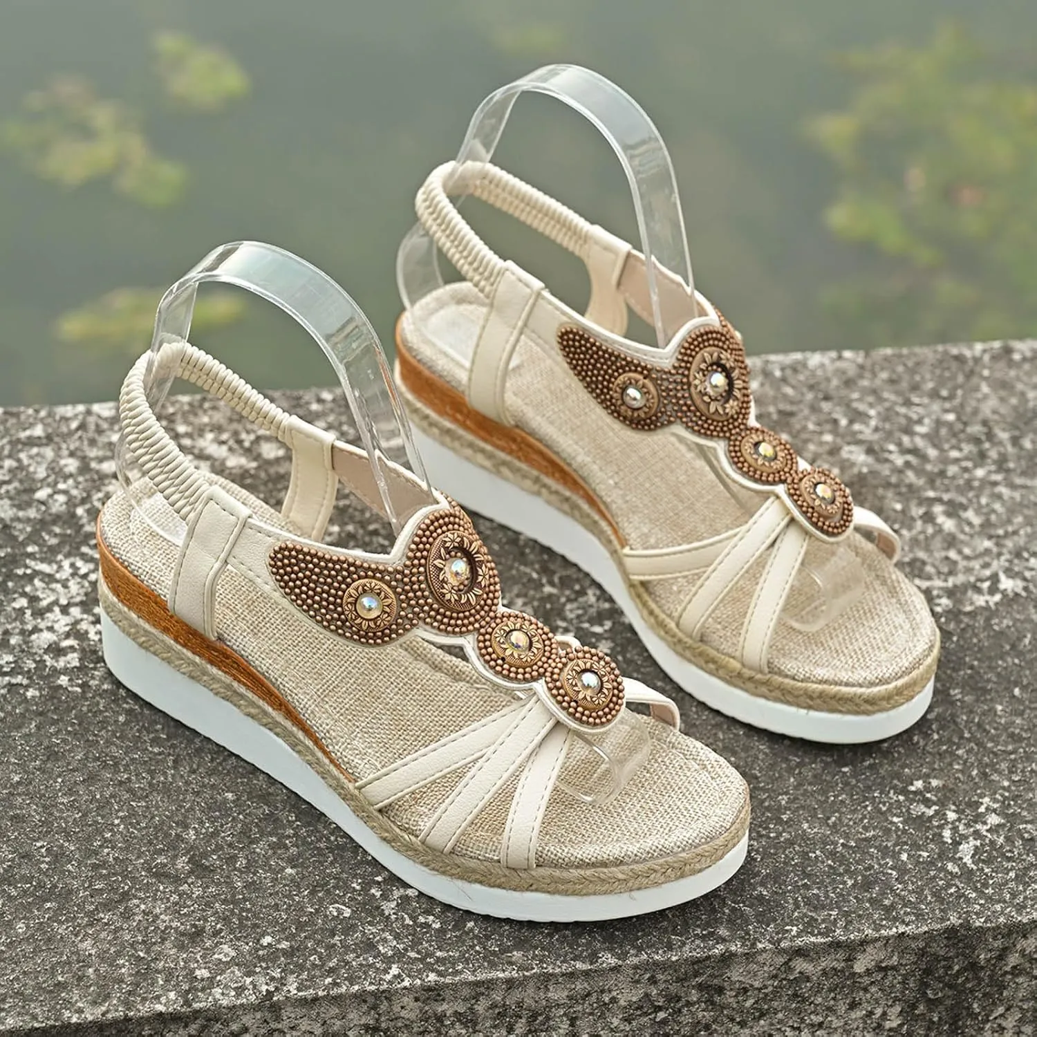 ZSpzx Women's Wedge Heel Sandals Fashion Boho Roman Retro Non-Slip Walking Footwear Comfortable Ladies Dress Beach Vacation Slippers Breathable Indoor/Outdoor Peep Toe Slip-On Casual Shoe