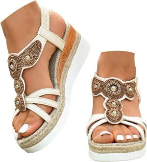 ZSpzx Women's Wedge Heel Sandals Fashion Boho Roman Retro Non-Slip Walking Footwear Comfortable Ladies Dress Beach Vacation Slippers Breathable Indoor/Outdoor Peep Toe Slip-On Casual Shoe