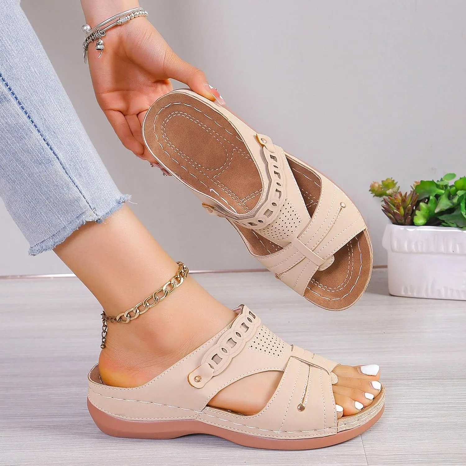ZSpzx Women's Wedge Sandals 2025,Orthopedic Sandals Vacation Slippers Ladies Dress Height Increase Peep Toe Arch Support Dance Party Cushion Daily Wear Arch Support Non-Slip Walking Footwear